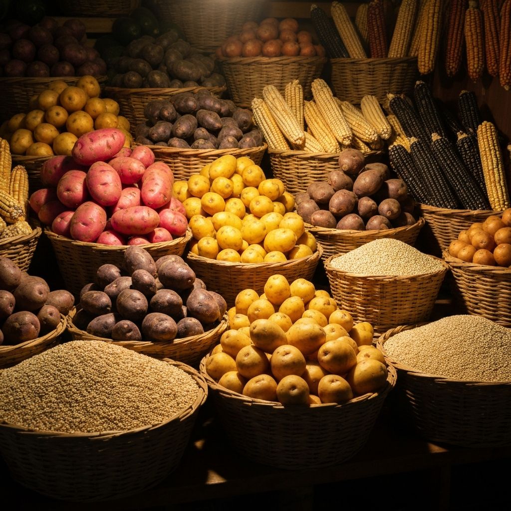 Traditional Peruvian market displaying colorful indigenous vegetables and grains